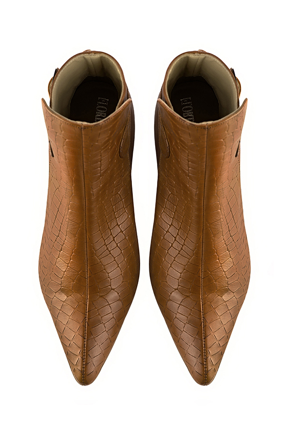 Caramel brown women's ankle boots with buckles at the back. Tapered toe. Low flare heels. Top view - Florence KOOIJMAN